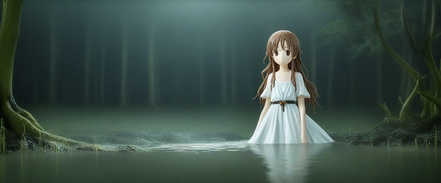 score_9, score_8_wonderful, score_7_wonderful, score_6_wonderful, sauce_anime, 部分的にIn the water, 
One Girl, Long Hair, Brown Hair, Wet Hair,
White Dress, Swamp,
Dark Background, Blurred Edges,8-year-old、Adventurer、Flat Chest、Pitch-dark underground labyrinth、No light、skirt、Equipped with a dagger and a shield、水面よりwonderfulの顔、In the water, In the water写真、浮力でskirt捲れる