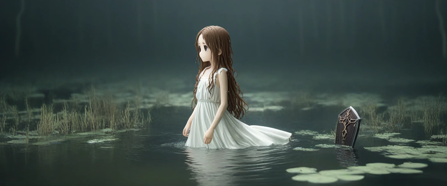 score_9, score_8_wonderful, score_7_wonderful, score_6_wonderful, sauce_anime, 部分的にIn the water, 
One Girl, Long Hair, Brown Hair, Wet Hair,
White Dress, Swamp,
Dark Background, Blurred Edges,8-year-old、Adventurer、Flat Chest、Pitch-dark underground labyrinth、No light、skirt、Equipped with a dagger and a shield、水面よりwonderfulの顔、In the water, In the water写真、浮力でskirt捲れる