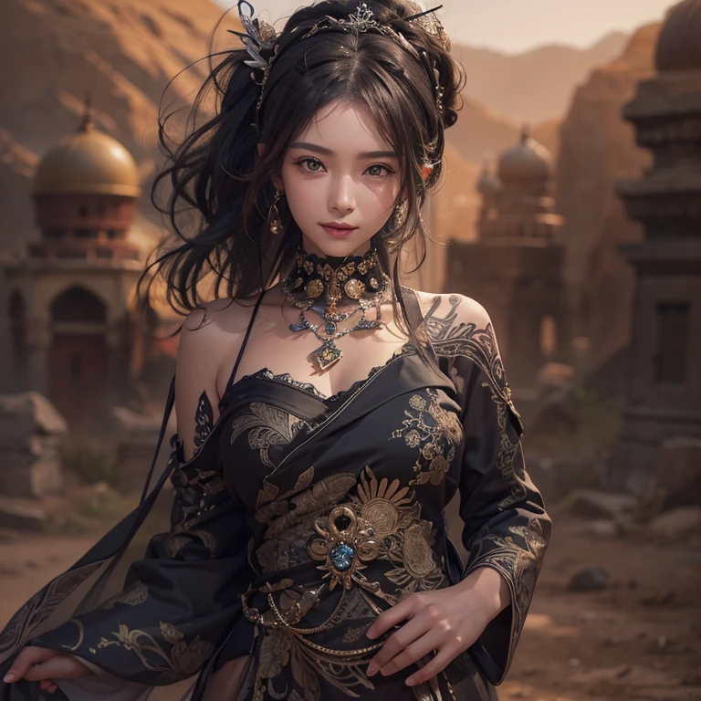 Hiding in the desert、Hair flow、 ((Highest quality、masterpiece、8K、Best image quality、Ultra-high resolution、Award-winning works)、(Accurate anatomy:1.1)、(Look at me and smile:1.1)、Shining fair skin with Ultra-high resolution、The most detailed face、Ultra-high resolution detailed face、Ultra-high resolutionの髪の毛、(Ultra-high resolutionの煌めく瞳:1.1)、Beautiful face drawn in every detail、(Blurred Background:1.1)、Ancient Islamic clothing, Chest to chest, tattoo, Old ruins in the background、Black Authentic Dress Up Elegant Underarm