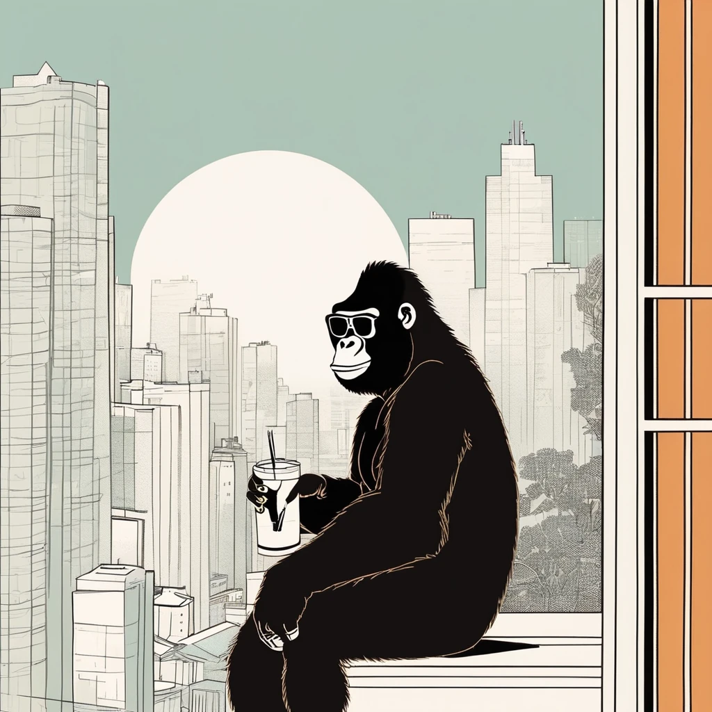 gorilla-like , sweet,very cute,art by Sophie Roach , art by Jon Klassen , art by Michael Cho , art by Sophie Roach、sunglasses,campimg,smoking,city、スケートボード