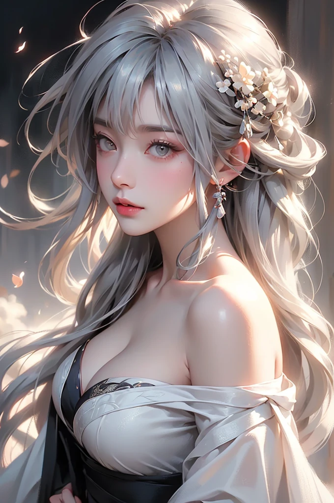 super high quality, masterpiece, Perfect illustration, Very detailed (Exquisite light and shadow, Very dramatic photo,Backlight) , ((Gray Hair:1.5))1 Girl, alone, (Wearing Han clothes, Royalty、Black and white Hanfu,Monotony,Long sleeve) Flower Field, Flowers, (White smoke:1.3) (Realistic:1.4), Zen Intertwining, Tangled, Official Art, unity 8k wallpaper, Very detailed, Beautiful and beautiful, masterpiece, Highest quality, (Dynamic Angle: 1.4), Glowing Skin, (Floating colorful flashes: 1) The most beautiful chaotic shapes, elegant, Brutalist Design, Bright colors, Romantic Depth of Field Exotic_dance, half_naked、((Off the shoulder、Expose your shoulders、Ample breasts、Great cleavage))