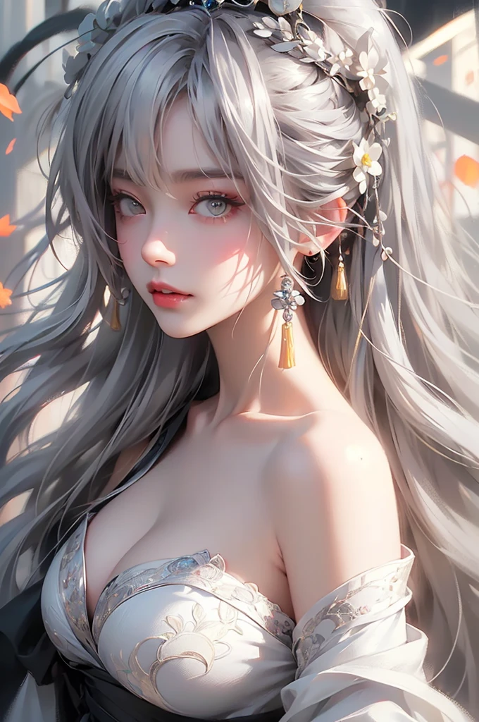 super high quality, masterpiece, Perfect illustration, Very detailed (Exquisite light and shadow, Very dramatic photo,Backlight) , ((Gray Hair:1.5))1 Girl, alone, (Wearing Han clothes, Royalty、Black and white Hanfu,Monotony,Long sleeve) Flower Field, Flowers, (White smoke:1.3) (Realistic:1.4), Zen Intertwining, Tangled, Official Art, unity 8k wallpaper, Very detailed, Beautiful and beautiful, masterpiece, Highest quality, (Dynamic Angle: 1.4), Glowing Skin, (Floating colorful flashes: 1) The most beautiful chaotic shapes, elegant, Brutalist Design, Bright colors, Romantic Depth of Field Exotic_dance, half_naked、((Off the shoulder、Expose your shoulders、Ample breasts、Great cleavage))