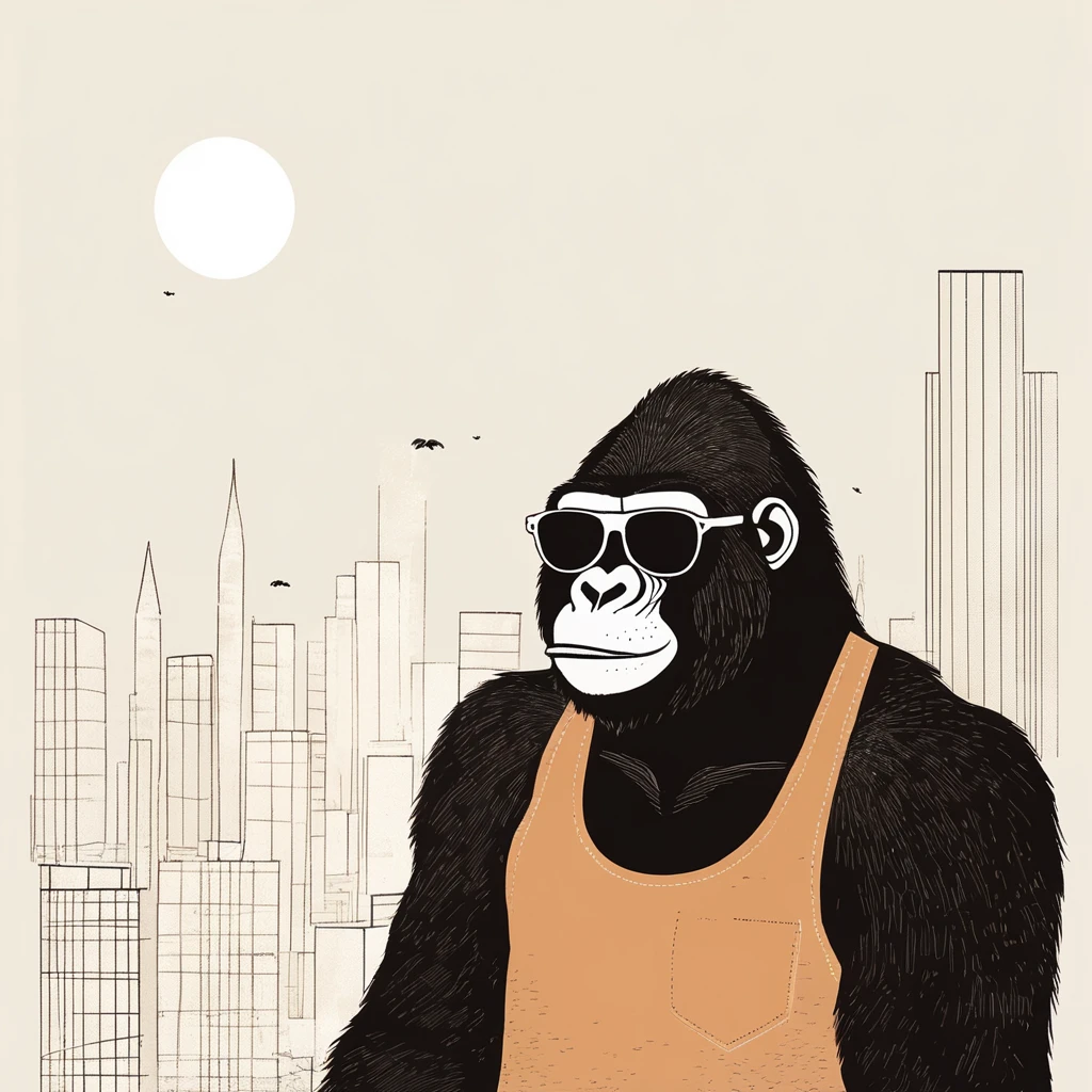 gorilla-like , sweet,very cute,art by Sophie Roach , art by Jon Klassen , art by Michael Cho , art by Sophie Roach、sunglasses,campimg,smoking,city、スケートボード