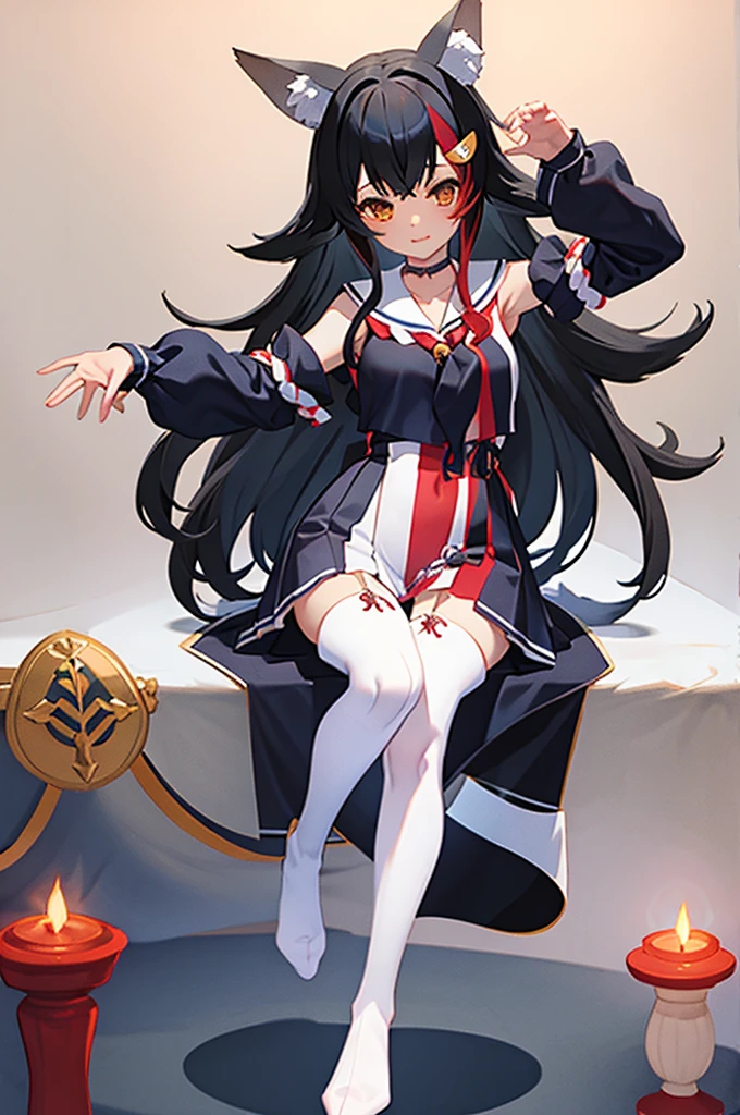 masterpiece、Highest quality、High resolution、One girl、night、shrine、Moonlight、Foot pose、:\3、miodefault、Long Hair、hair ornaments、Sailor collar、Black Shirt、Black Skirt、Sleeveless、abdomen、Red and white rope、(White knee socks:1.2)、tall、Curvaceous、Wolf's tail、(Perfect hands)、(Perfect Anatomy)、