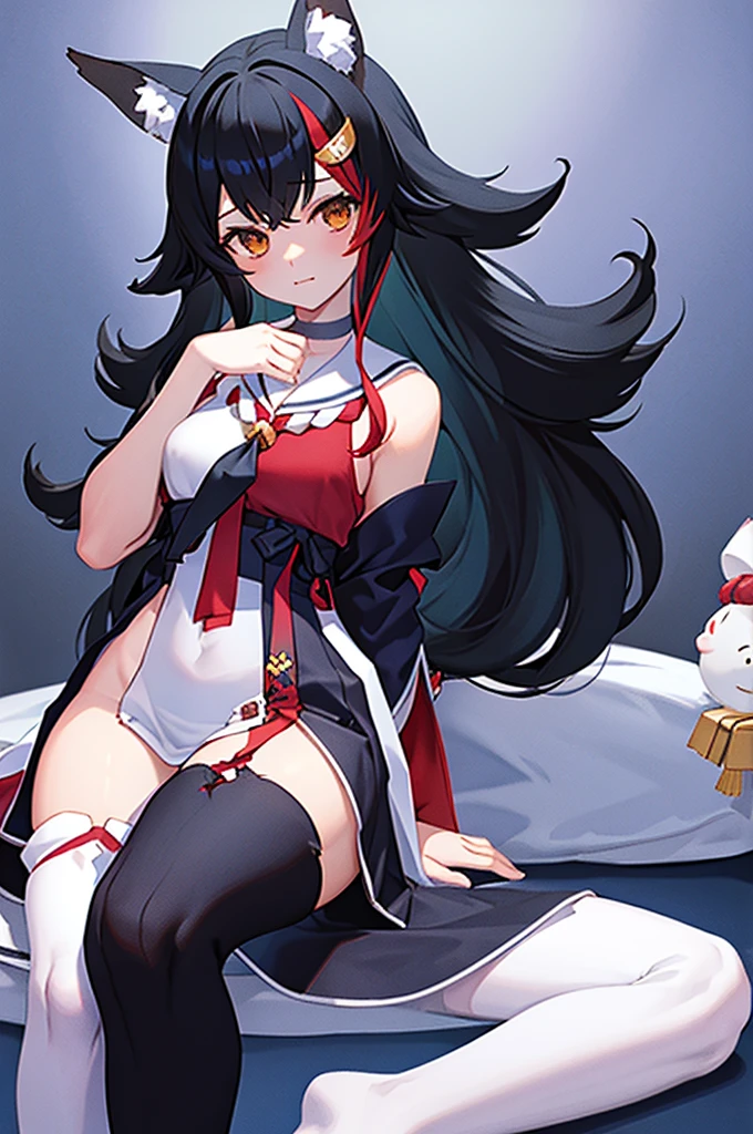 masterpiece、Highest quality、High resolution、One girl、night、shrine、Moonlight、Foot pose、:\3、miodefault、Long Hair、hair ornaments、Sailor collar、Black Shirt、Black Skirt、Sleeveless、abdomen、Red and white rope、(White knee socks:1.2)、tall、Curvaceous、Wolf's tail、(Perfect hands)、(Perfect Anatomy)、