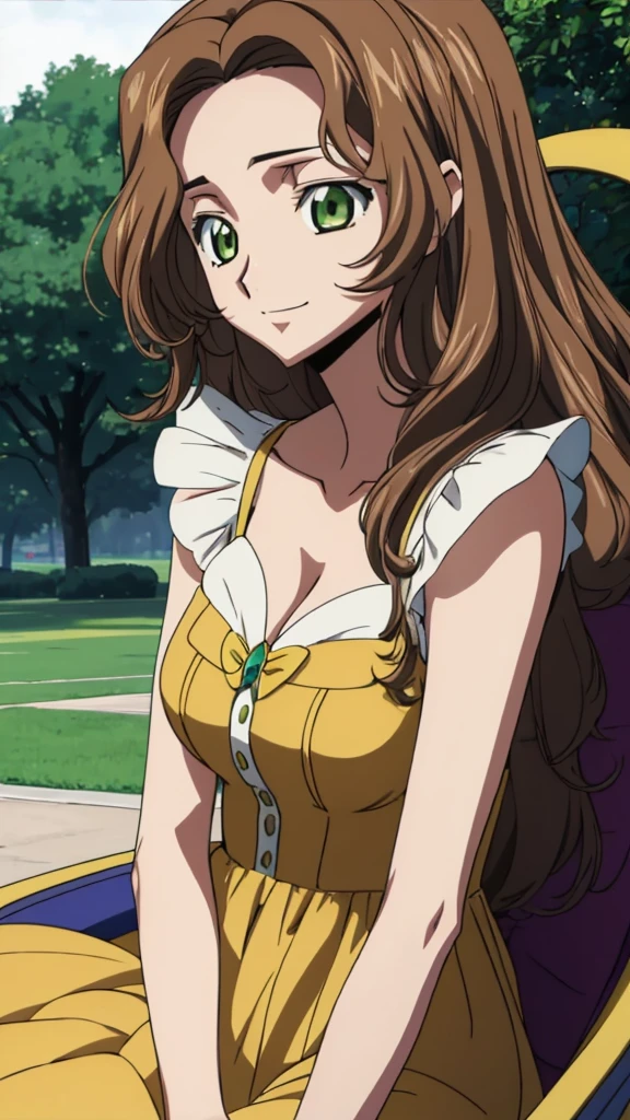 Score_9, score_8, score_7, code Geass_anime, Anastasia lamperough, brown hair and green eyes, long hair, yellow dress, smile, cute, park, dusk, best quality, masterpiece+