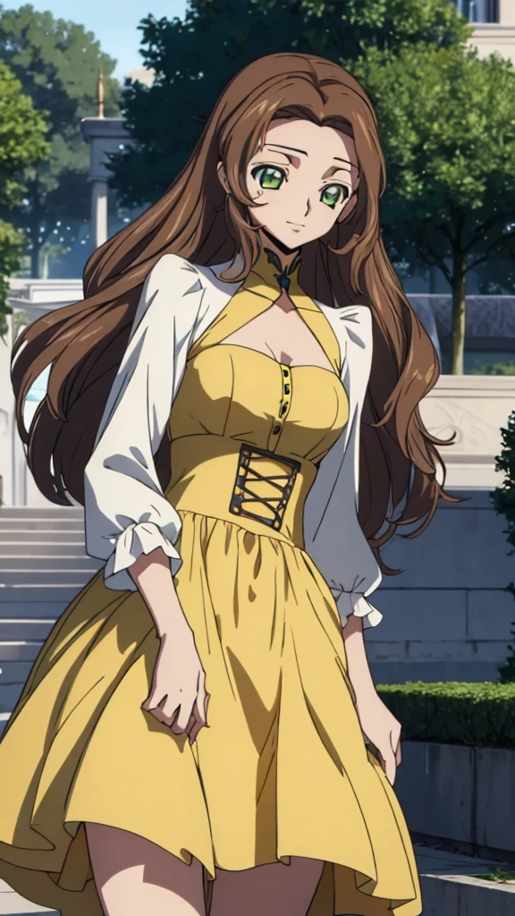 Score_9, score_8, score_7, code Geass_anime, Anastasia lamperough, brown hair and green eyes, long hair, yellow dress, smile, cute, park, dusk, best quality, masterpiece+