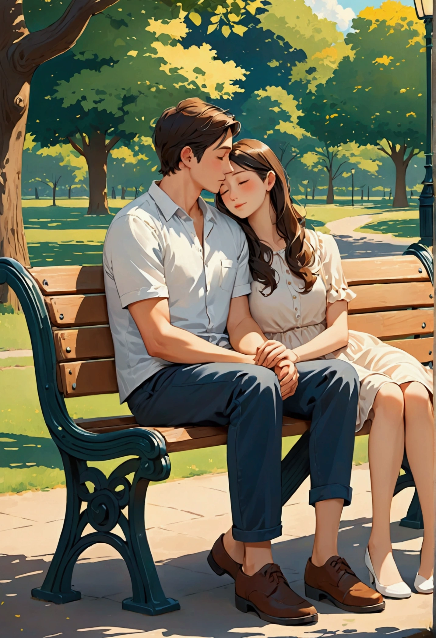 A couple sharing a quiet moment on a park bench, leaning on each other and watching the world go by.