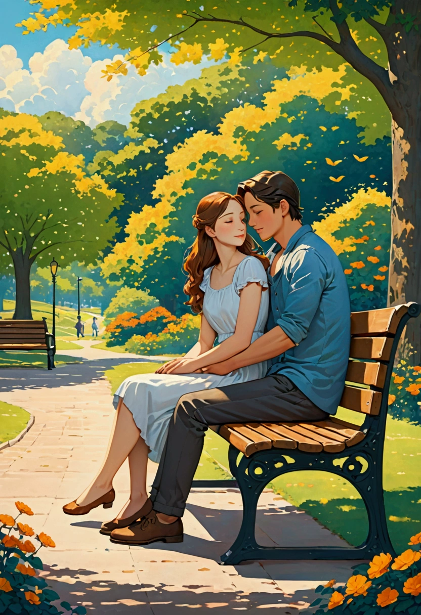 A couple sharing a quiet moment on a park bench, leaning on each other and watching the world go by.