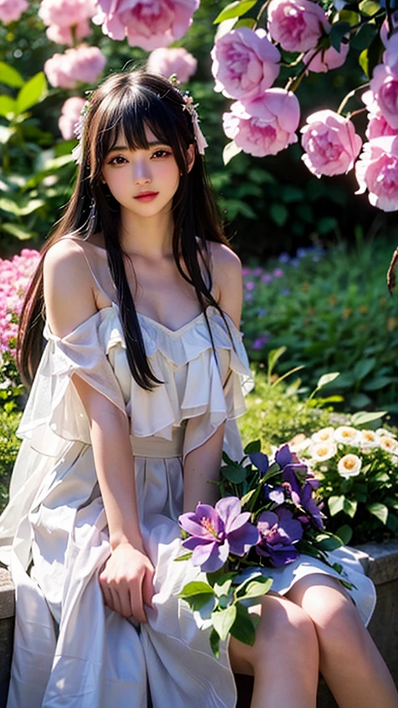 The background is a world of white flowers、Best Quality, masutepiece, High resolution, (((1girl in))), ,brown Eyes、((White dress)), Tindall Effect, Realistic, Shadow Studio, dual-tone lighting, (High Detail Skins: 1.2) Digital SLR, Photo, High resolution, 4K, 8K, Background blur,Fade out beautifully、