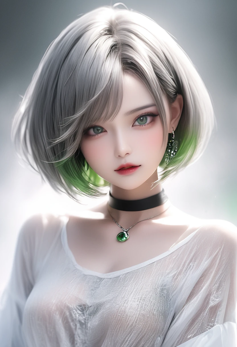 Cute Girl, glossy smooth silver short bob cut, forehead, shiny big green eyes, sighing lips, make-up, attractive and seductive expression, great Proportions, 2.5D, delicate and dynamic, foggy filter effect, beautiful effects, BREAK loose white shirt, necklace, black ring earrings, black choker