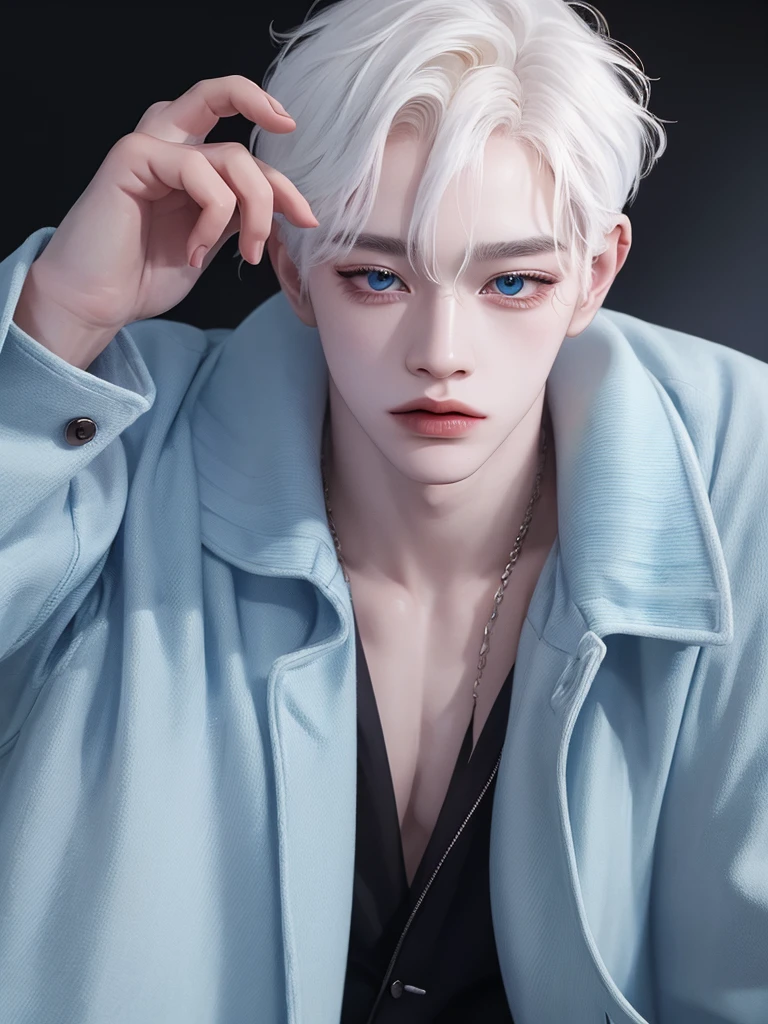 tmasterpiece, topquality, hight resolution, solo,open hands,((ulzzang)),((badboy)),sexy expression,the whole body is visible,((the whole body is it in the frame)),((male)),((coat)),(piercing),((sensuality eyes)),((gundam in the background)),((hand poses)),(lens 70mm),((perfect hand)),((white hair)), ((saturated gojo)), (( JUJUTSU KAİSEN)), ((albino)), ((blue sky eyes)), ((Black jacket))