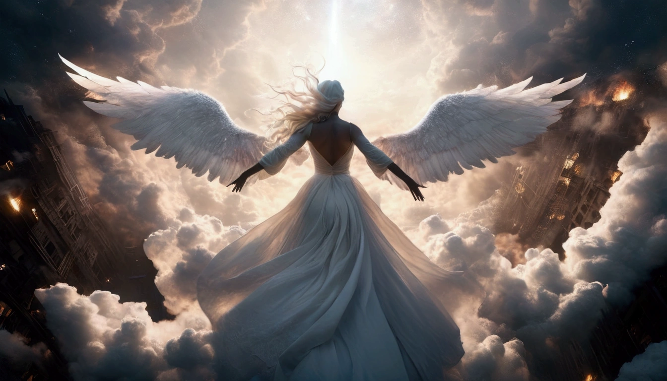 
A (back view:1.5) of a very beautiful female angel\(long platinum hair, wide-backed white dress,(big beautiful angel wing from her scapula),very beautiful shiny halo\), she is spreading her arms wide and gently as if seeking salvation, she is above the clouds looking down on the world below, a fierce war\((so many sparks and fires), missles, battle plane, many buildings collapsing, nature being destroyed, a magnificent andspectacular scenery\) is taking place below the clouds, BREAK ,quality\(8k,wallpaper of extremely detailed CG unit, ​masterpiece,hight resolution,top-quality,top-quality real texture skin,hyper realisitic,increase the resolution,RAW photos,best qualtiy,highly detailed,the wallpaper,cinematic lighting,ray trace,golden ratio\),[nsfw],dynamic angle,[nsfw],from above