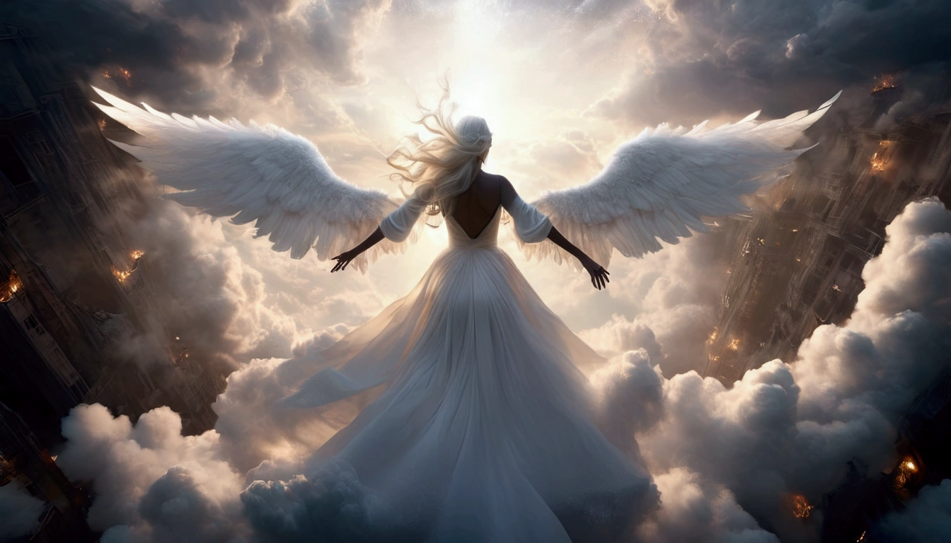 
A (back view:1.5) of a very beautiful female angel\(long platinum hair, wide-backed white dress,(big beautiful angel wing from her scapula),very beautiful shiny halo\), she is spreading her arms wide and gently as if seeking salvation, she is above the clouds looking down on the world below, a fierce war\((so many sparks and fires), missles, battle plane, many buildings collapsing, nature being destroyed, a magnificent andspectacular scenery\) is taking place below the clouds, BREAK ,quality\(8k,wallpaper of extremely detailed CG unit, ​masterpiece,hight resolution,top-quality,top-quality real texture skin,hyper realisitic,increase the resolution,RAW photos,best qualtiy,highly detailed,the wallpaper,cinematic lighting,ray trace,golden ratio\),[nsfw],dynamic angle,[nsfw],from above