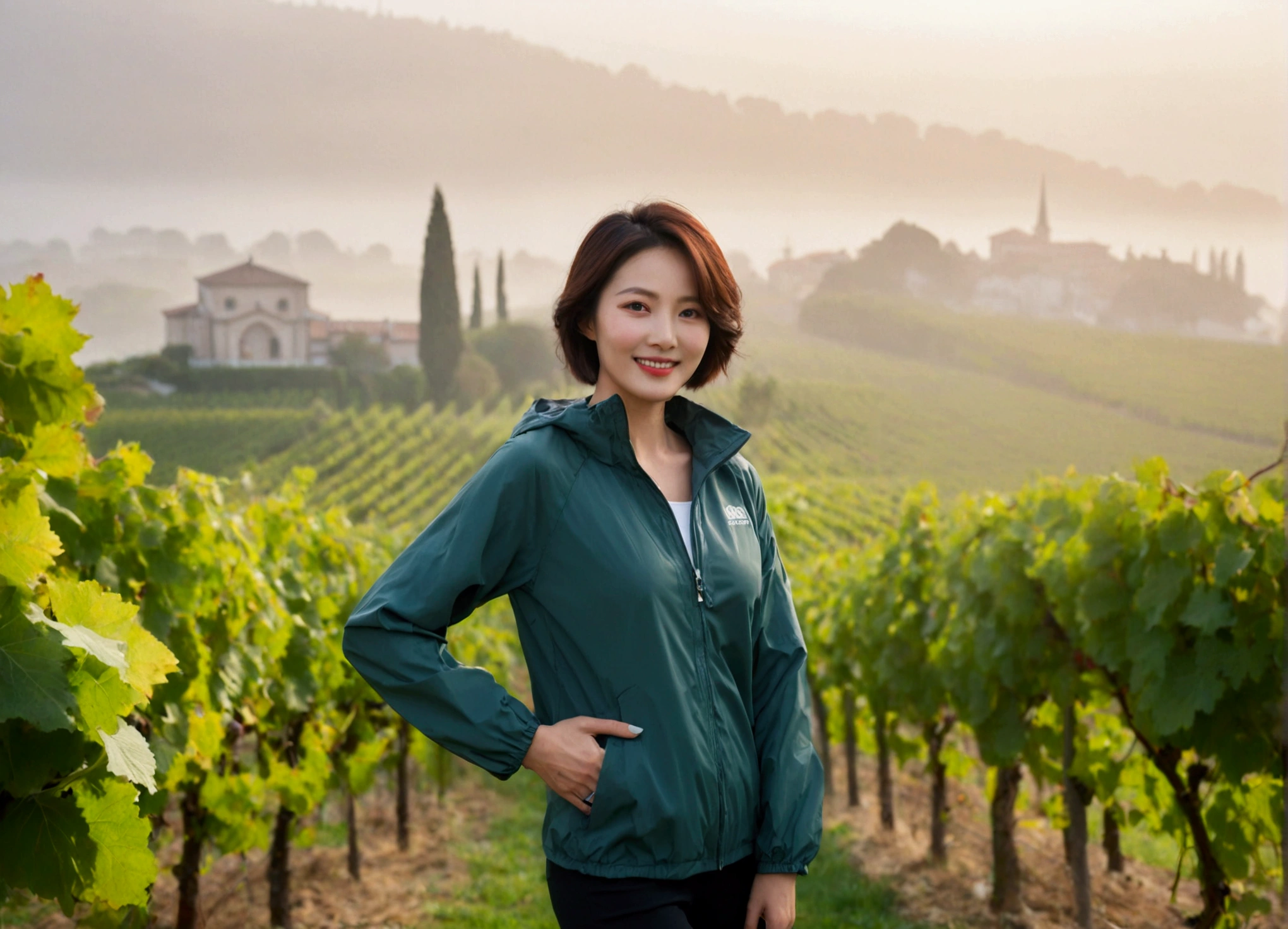 high quality, 1 woman, ((36-year-old healthy Korean woman)), ((36 years old)), 1 woman, eyes are big and beautiful. ((slim)), ((short medium hair)), Smile. pose: standing, Luxury brand windbreaker jacket, background: 1 woman, Vineyards in Piedmont, Italy, The cathedral can be seen in the distance through the early morning fog.. Full body shot with 16-34 wide angle lens, The cathedral can be seen through the foggy vineyards., looking up the side, morning red sunlight.