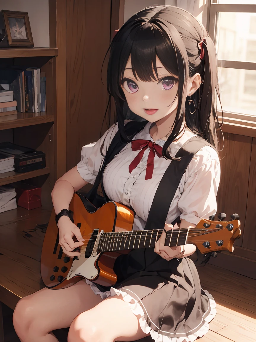 cartoon girl sitting on floor with guitar playing music with guitar string, 1girl, solo, tongue out, tongue, striped, instrument, purple eyes, jewelry, earrings, sitting, frills, dress, vertical stripes, screen, bow, guitar, ribbon, holding, bangs, looking at viewer, brown hair, lolita hairband, detached sleeves, electric guitar, indoors, frilled dress, cable, black ribbon, neck ribbon, akanbe, stage lights