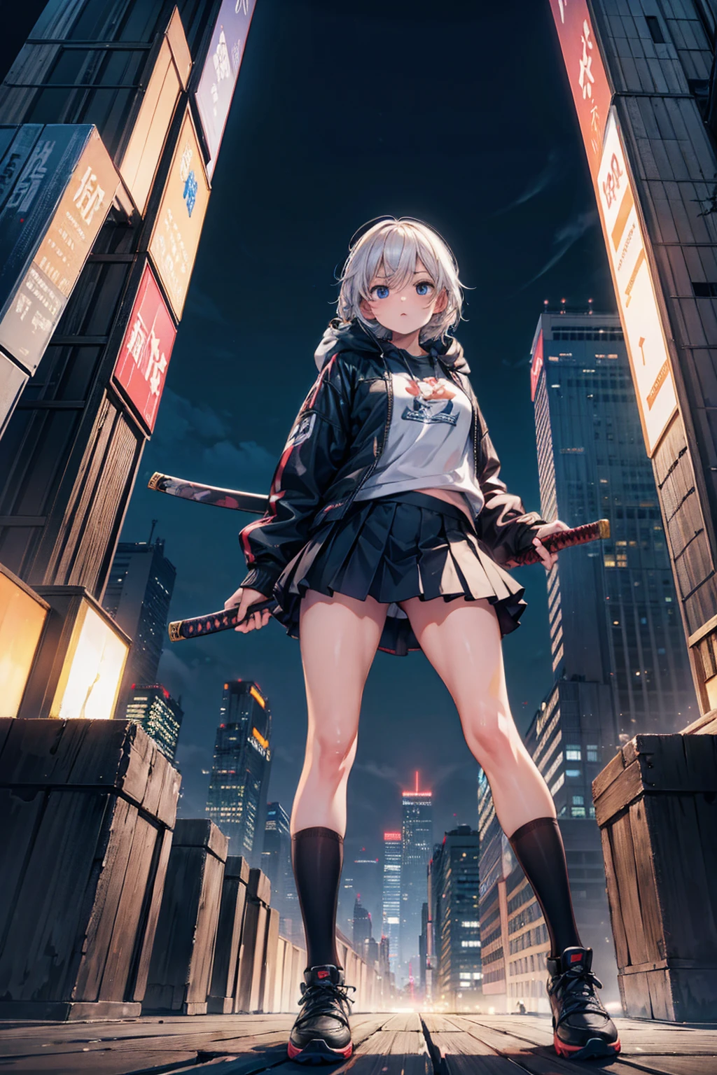 (masterpiece), (best quality), (ultra detailed), (high res 8K), 1 girl, late teenage, standing, contrappost, full body, low angle, hoody, mini-skirt,((katana)), short hair, silver hair, serious, looking away, cityscape in Tokyo, night, rim lighting, high contrast, professional lighting, stunning face, symmetrical clear eyes, detailed eyes and face,(near future)
