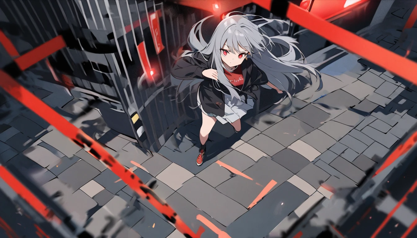 Girl Characters。gray hair color、Glowing red eyes、Long Hair、There is a mole under the left eye。Without background、Depict only one person。Walking through the scramble intersection