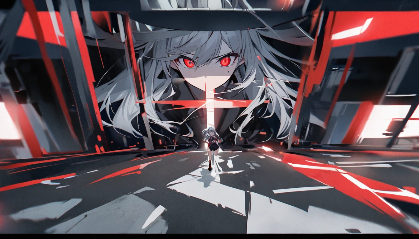Characters。gray hair color、Glowing red eyes、Long Hair、There is a mole under the left eye。Without background、Depict only one person。Walking through the scramble intersection