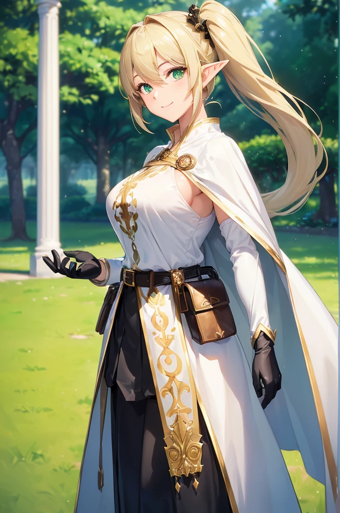 (((masterpiece; best quality: 1.2))), (finely detailed eyes: 1.3), (25 year old elf woman), (solo), (green eyes: 1.4), (body; big breasts, fit, femenine: 1.3), (silky blonde hair in low ponytail: 1.3), (beautiful and clear background: 1.2), ((depth of field)), (equipment: adventurer attire + modest + elegant wide-brimmed hat + dark blouse + dark cape + black long skirt + gloves + belt + pouches: 1.3), (anime illustration: 1.2), (background composition; royal garden: 1.1), (extremely fine and beautiful: 1.1), (shot composition; standing + centered on torso + close-up: 1.5), (expression; calm, smile: 1.2)