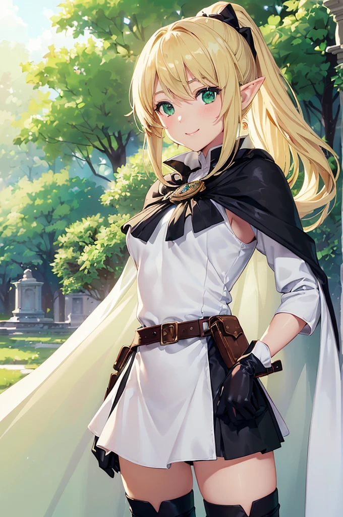 (((masterpiece; best quality: 1.2))), (finely detailed eyes: 1.3), (25 year old elf woman), (solo), (green eyes: 1.4), (body; buxom, fit, femenine: 1.3), (silky blonde hair in low ponytail: 1.3), (beautiful and clear background: 1.2), ((depth of field)), (equipment: adventurer attire + modest + long white tunic-coat + black cape + black long skirt + gloves + belt + pouches: 1.3), (anime illustration: 1.2), (background composition; royal garden: 1.1), (extremely fine and beautiful: 1.1), (shot composition; standing + centered on torso + close-up: 1.5), (expression; calm, smile: 1.2)