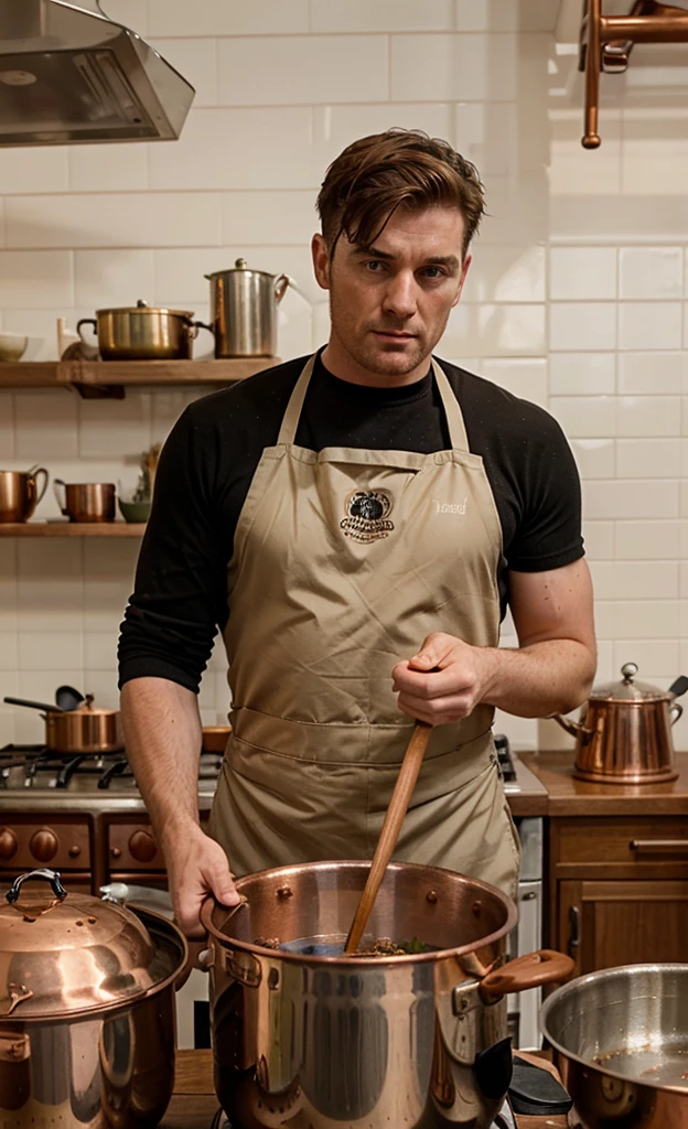 hughie campbell from the boys stirring a huge copper kettle of soup