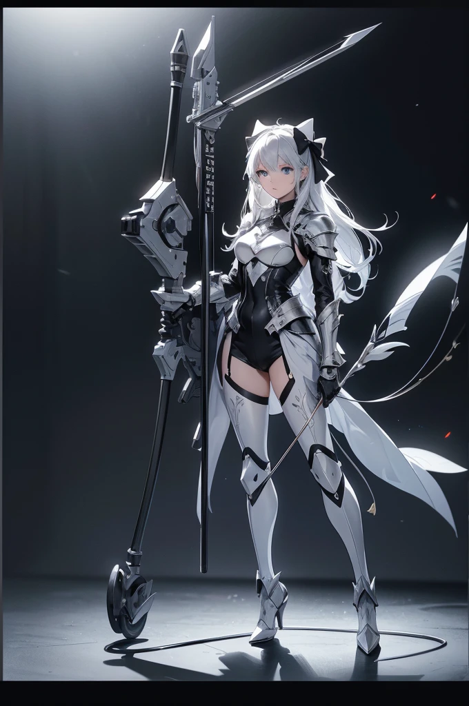 Masterpiece: 1.3), (Maximum resolution: 1.2), (Ultra HDTV: 1.2), Cinema light, Ultra HDTV, (Detailed eyes and skin), (Detailed facial features), HDR, 8k resolution, Sharp Focus: 1.2, Perfect style, beautiful face, accurate, anatomically correct, archer futuristic knight, black and white. full body, anime style mecha, bow and arrow, simple knight design, black and white, full body shot, armed with bow and arrow full body picture, fully armored, futuristic armor, with bow.