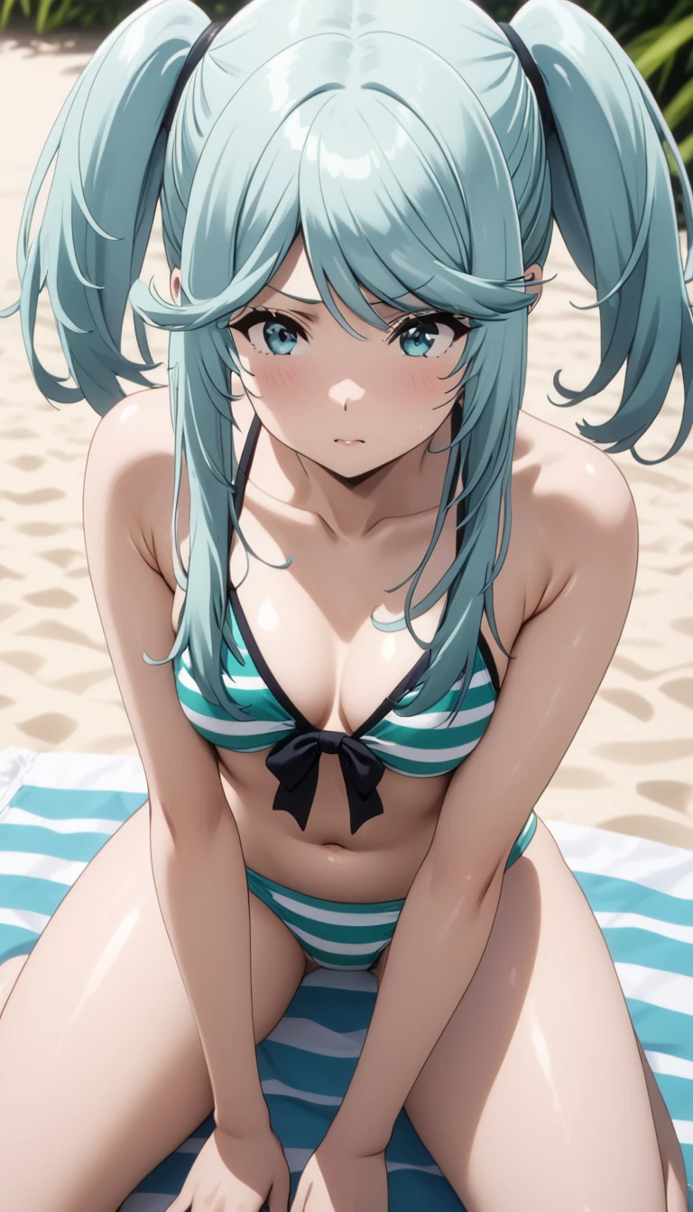 (Masterpiece、Highest quality、Very detailed、4K)、One Woman、************、Turquoise Hair、Twin tails、(((Epsilon)))、chest、Beautiful arms、Beautiful thighs、(((Swimwear)))