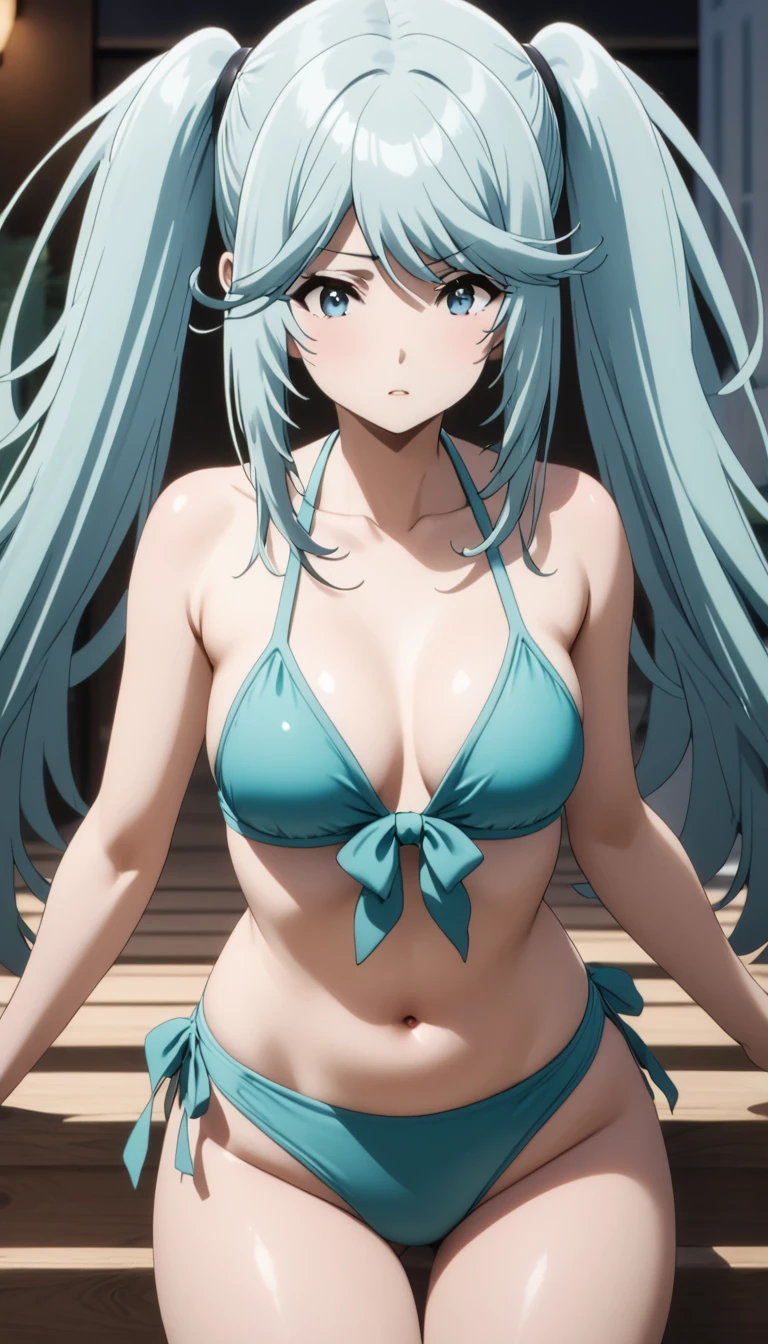 (Masterpiece、Highest quality、Very detailed、4K)、One Woman、、Turquoise Hair、Twin tails、(((Epsilon)))、chest、Beautiful arms、Beautiful thighs、(((Swimwear)))