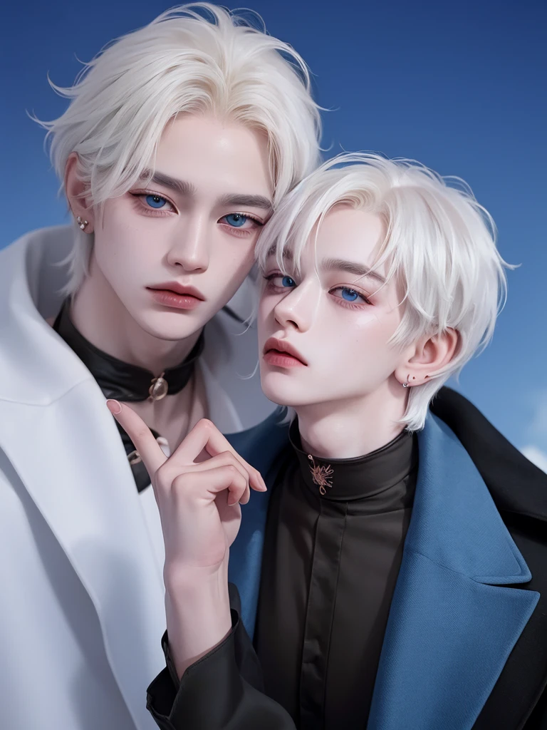 tmasterpiece, topquality, hight resolution, solo,open hands,((ulzzang)),((badboy)),sexy expression,the whole body is visible,((the whole body is it in the frame)),((male)),((coat)),(piercing),((sensuality eyes)),((gundam in the background)),((hand poses)),(lens 70mm),((perfect hand)),((white hair)), ((saturated gojo)), (( JUJUTSU KAİSEN)), ((albino)), ((blue sky eyes)), ((Black jacket))