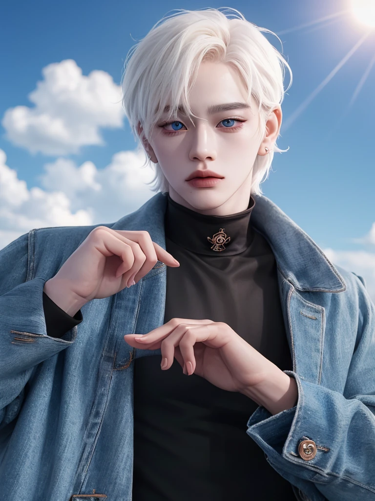 tmasterpiece, topquality, hight resolution, solo,open hands,((ulzzang)),((badboy)),sexy expression,the whole body is visible,((the whole body is it in the frame)),((male)),((coat)),(piercing),((sensuality eyes)),((gundam in the background)),((hand poses)),(lens 70mm),((perfect hand)),((white hair)), ((saturated gojo)), (( JUJUTSU KAİSEN)), ((albino)), ((blue sky eyes)), ((Black jacket))