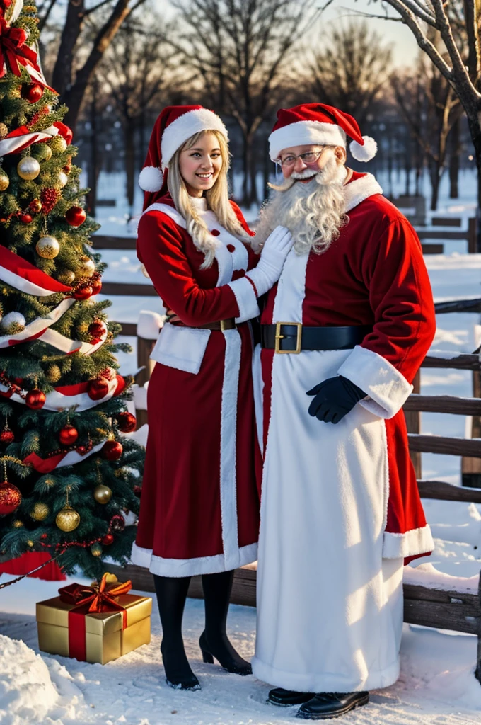Santa Claus and Snow Maiden near the festive New Year tree