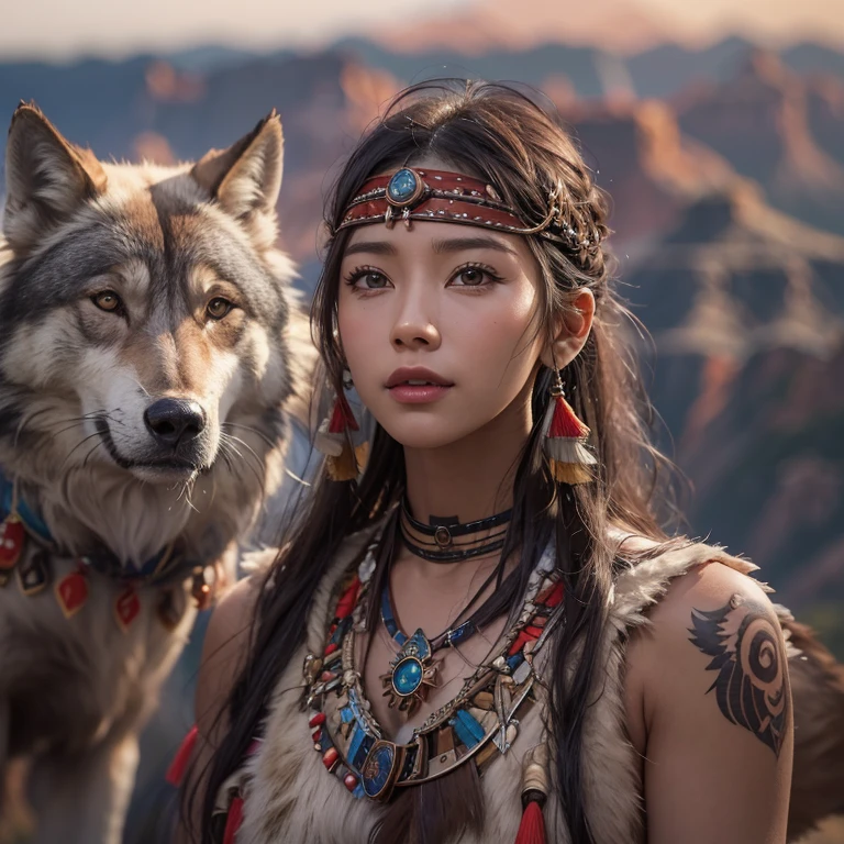 At the Grand Canyon、Hair flow、 ((Highest quality、masterpiece、8K、Best image quality、Ultra-high resolution、Award-winning works)、(Accurate anatomy:1.1)、(Look at me and smile:1.1)、Shining fair skin with Ultra-high resolution、The most detailed face、Ultra-high resolution detailed face、Ultra-high resolutionの髪の毛、(Ultra-high resolutionの煌めく瞳:1.1)、Beautiful face drawn in every detail、(Blurred Background:1.1)、Native American Costume, American Indian Clothing, Chest to chest, tattoo、A real giant condor next to you。The wolf is watching