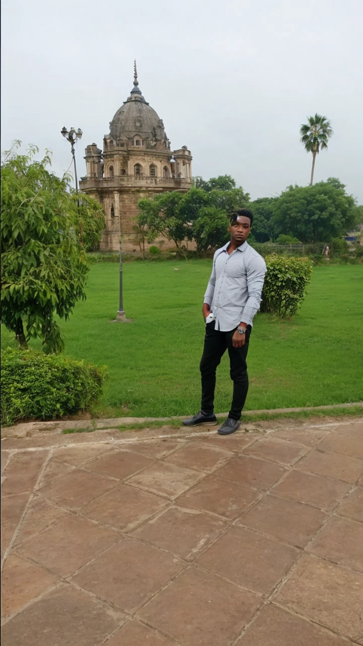 A man like this picture standing on the bridge wearing grey shirt and black pant and a smart watch on his hand
