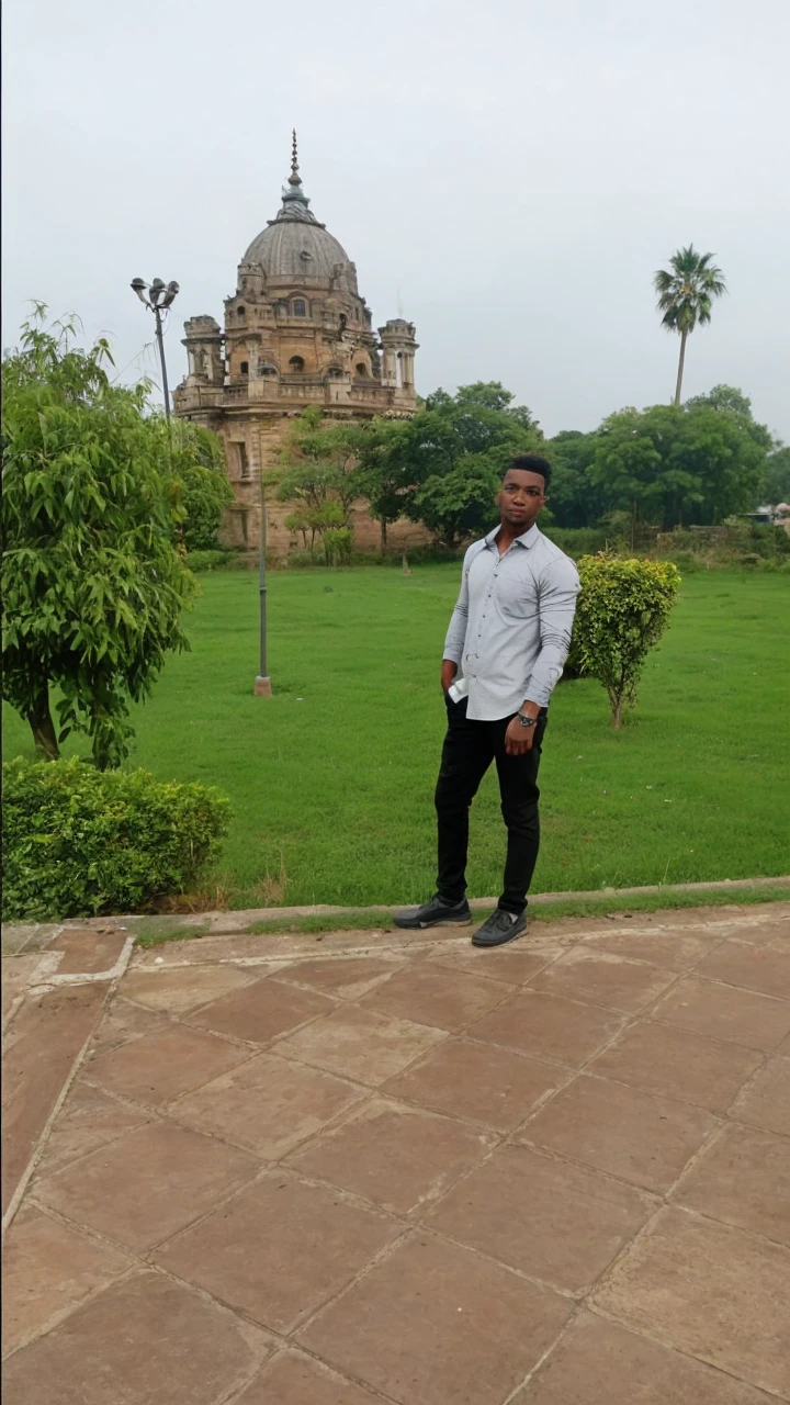 A man like this picture standing on the bridge wearing grey shirt and black pant and a smart watch on his hand 