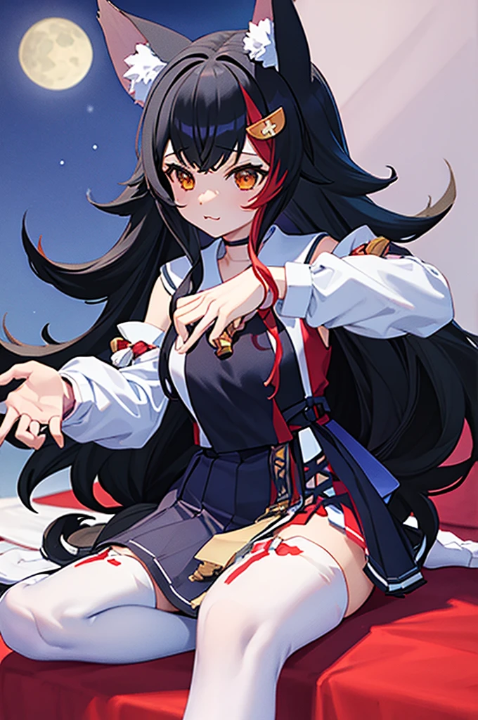 masterpiece、Highest quality、High resolution、One girl、night、shrine、Moonlight、Foot pose、:\3、miodefault、Long Hair、hair ornaments、Sailor collar、Black Shirt、Black Skirt、Sleeveless、abdomen、Red and white rope、(White knee socks:1.2)、tall、Curvaceous、Wolf's tail、(Perfect hands)、(Perfect Anatomy)、