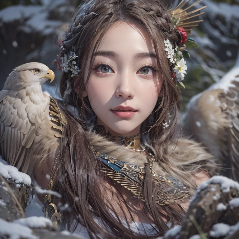 Hiding in the snowy mountains、Hair flow、 ((Highest quality、masterpiece、8K、Best image quality、Ultra-high resolution、Award-winning works)、(Accurate anatomy:1.1)、(Look at me and smile:1.1)、Shining fair skin with Ultra-high resolution、The most detailed face、Ultra-high resolution detailed face、Ultra-high resolutionの髪の毛、(Ultra-high resolutionの煌めく瞳:1.1)、Beautiful face drawn in every detail、(Blurred Background:1.1)、Ancient Inuit clothing, Chest to chest, tattoo, Old ruins in the background、Apart from the real giant eagle