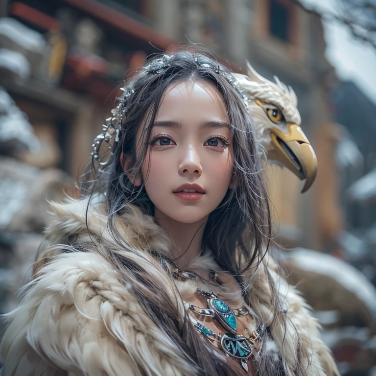 Hiding in the snowy mountains、Hair flow、 ((Highest quality、masterpiece、8K、Best image quality、Ultra-high resolution、Award-winning works)、(Accurate anatomy:1.1)、(Look at me and smile:1.1)、Shining fair skin with Ultra-high resolution、The most detailed face、Ultra-high resolution detailed face、Ultra-high resolutionの髪の毛、(Ultra-high resolutionの煌めく瞳:1.1)、Beautiful face drawn in every detail、(Blurred Background:1.1)、Ancient Inuit clothing, Chest to chest, tattoo, Old ruins in the background、Apart from the real giant eagle