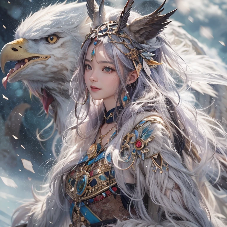 Hiding in the snowy mountains、Hair flow、 ((Highest quality、masterpiece、8K、Best image quality、Ultra-high resolution、Award-winning works)、(Accurate anatomy:1.1)、(Look at me and smile:1.1)、Shining fair skin with Ultra-high resolution、The most detailed face、Ultra-high resolution detailed face、Ultra-high resolutionの髪の毛、(Ultra-high resolutionの煌めく瞳:1.1)、Beautiful face drawn in every detail、(Blurred Background:1.1)、Ancient Inuit clothing, Chest to chest, tattoo, Old ruins in the background、Apart from the real giant eagle