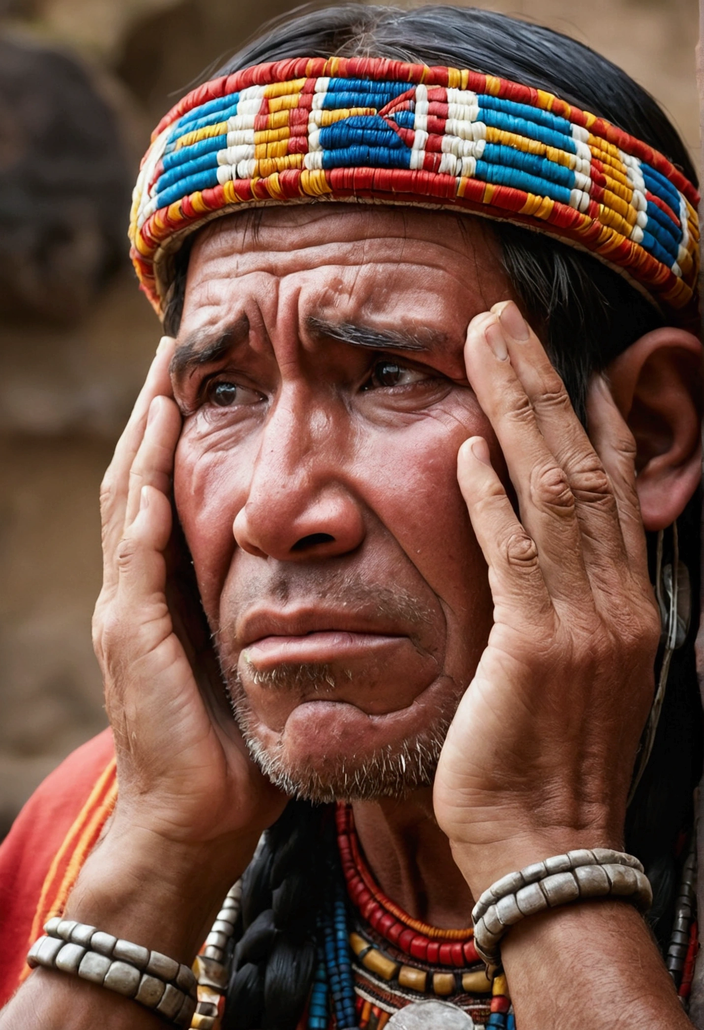 Inca man crying, holding your head in your hands, photo in the background