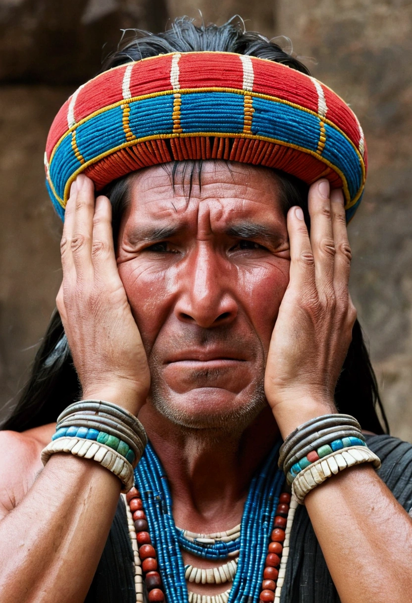 Inca man crying, holding your head in your hands, photo in the background
