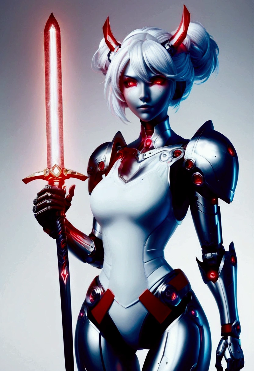 nijistyle, full body of cyberpunk paladin lady holding big glowing sword, white tabard, pauldrons, white hair, braid, red belt, cybernetic halo, mechanical arm, simple background 