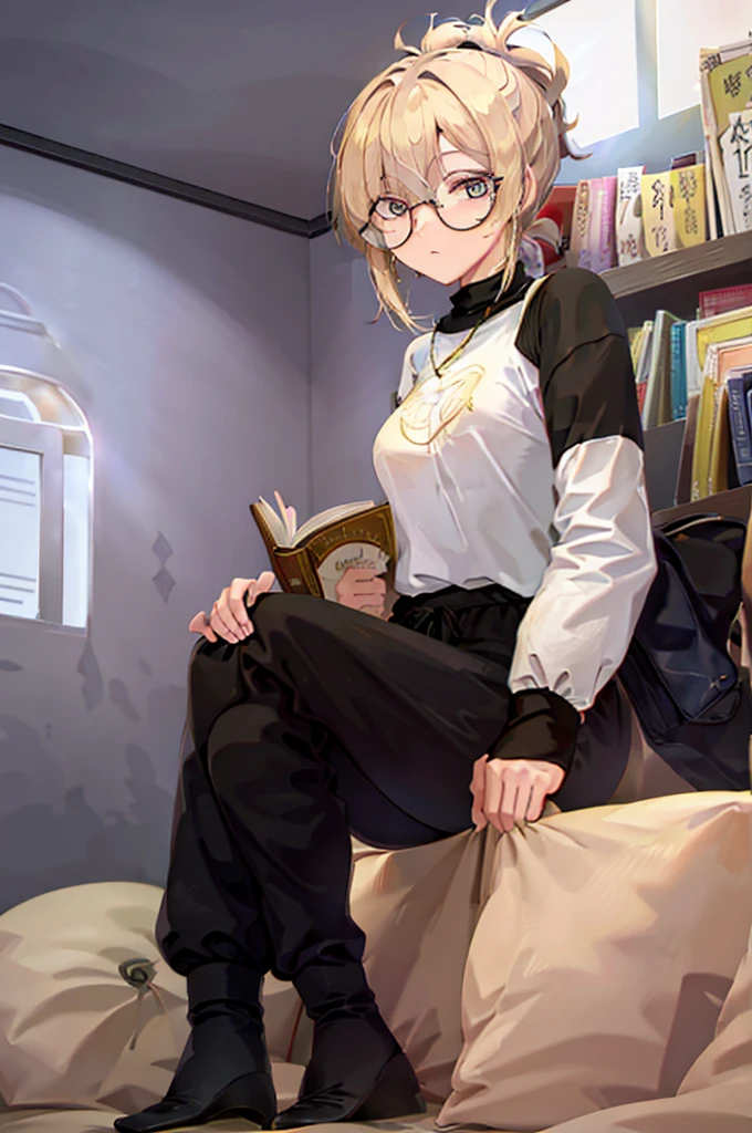 woman, hair over one eye, golden eyes, Tomboy, sitting on the ground, white shirt, black sweatpants, looking at viewer, window, short hair with a ponytail, books lying around, bedroom background, round glasses, bags under eyes, tired, reading a book