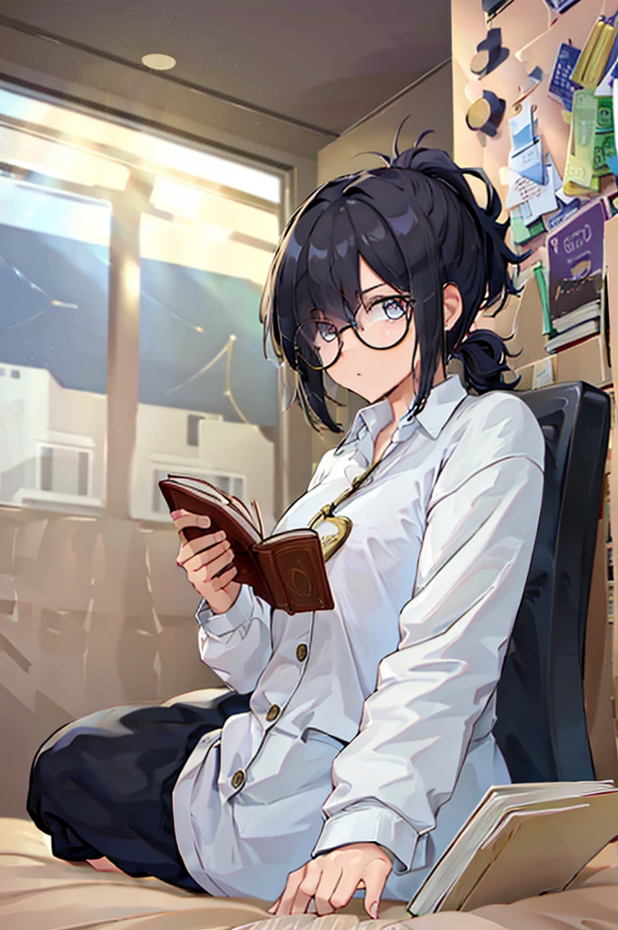 woman, hair over one eye, golden eyes, Tomboy, sitting on the ground, white shirt, black sweatpants, looking at viewer, window, short hair with a ponytail, books lying around, bedroom background, round glasses, bags under eyes, tired, reading a book