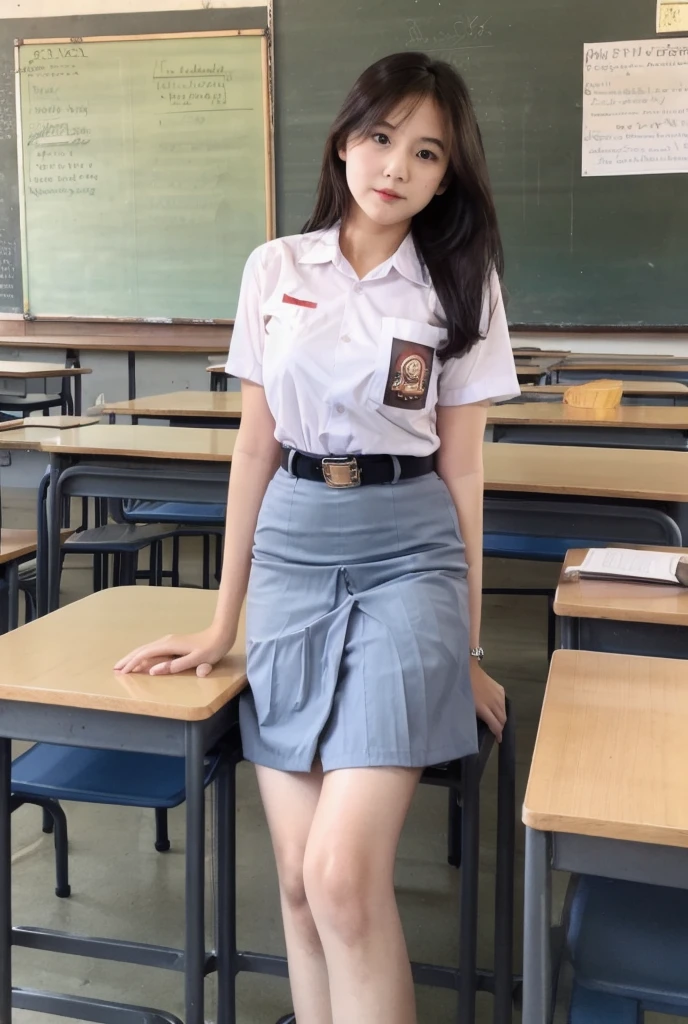RAW, Best quality, high resolution, masterpiece: 1.3), Beautiful girl, seductive pose, showing breast, open legs showing ??????, sensual body, on a top of table of class room,  ((senior high school clothes)), mini skirt, ??????, highres, 4k, HDR, 1girl, photorealistic, realistic, small breasts, ((whole body)) turning away facial at viewer, closeup, class-room, misty,