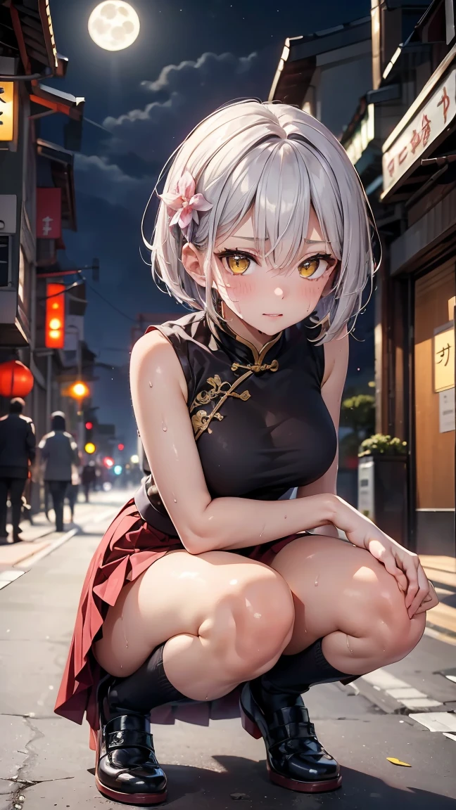 Young girl 14 years old, short silver bob hair, hair flower, sharp bangs between the eyes, yellow eyes, eyes large, traditional chinese imperial clothes black with gold details, red skirt, black thigh high socks. lateral view, fully body, crouched on the street of a Japanese city, at night, with full moon in the background, light reflecting on the sexy and sweaty body. (((sweat)))