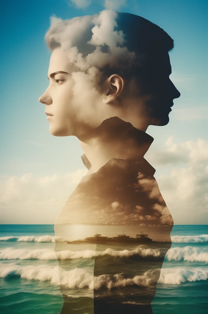 (Double exposure), 1boy, beach, masterpiece, best quality