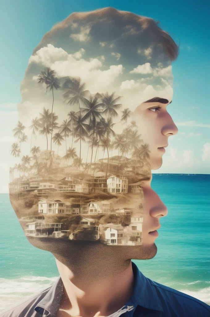 (Double exposure), 1boy, beach, masterpiece, best quality