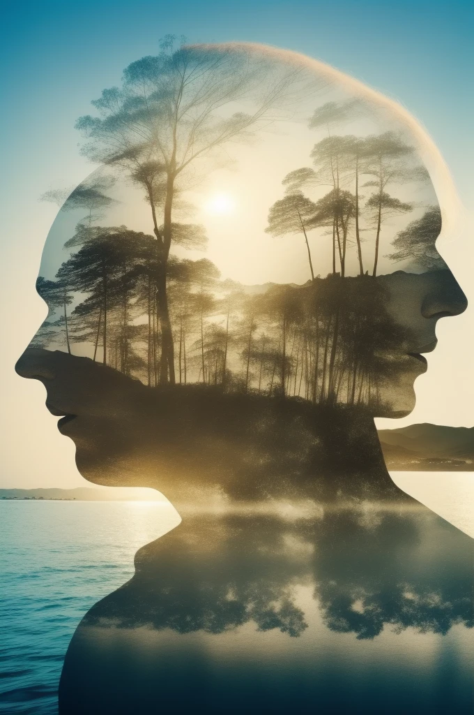 (Double exposure), 1boy, beach, masterpiece, best quality