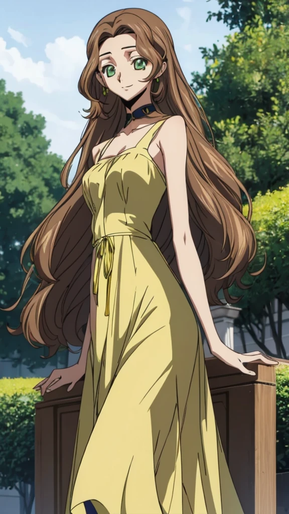 Score_9, score_8, score_7, code Geass_anime, Anastasia lamperough, brown hair and green eyes, long hair, yellow long dress, smile, cute, park, dusk, best quality, masterpiece+